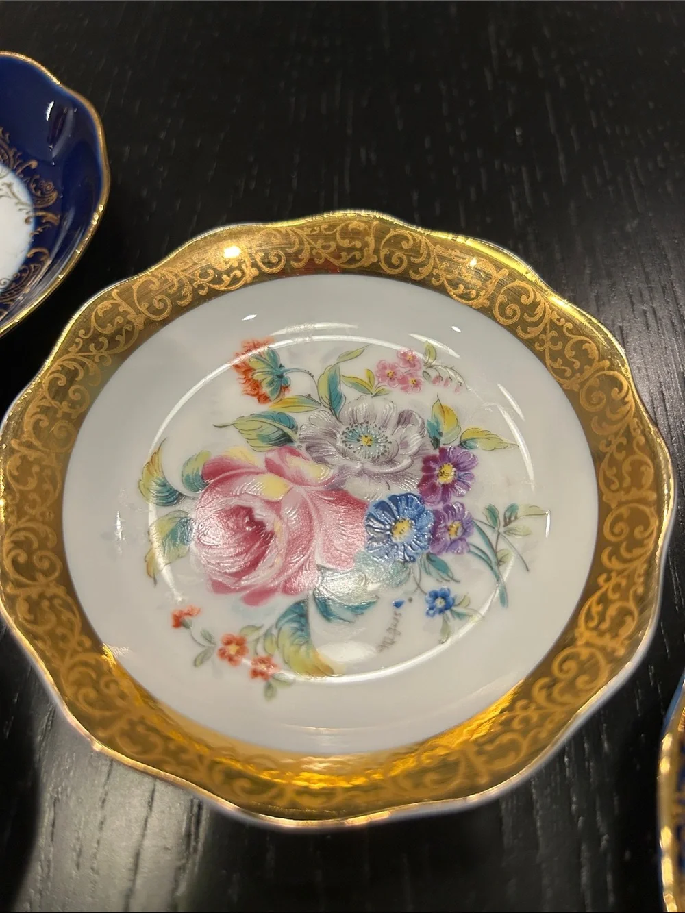 5 Limoges Porcelain Decorative Mini Plates in Cobalt Blue, Red, Gold and White